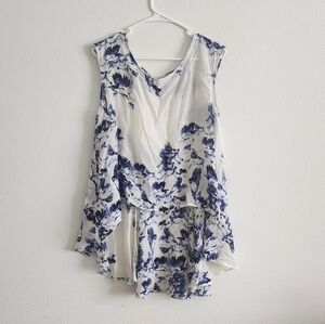 The Odells White & Blue Bird Floral Silk High-low Blouse Size Medium